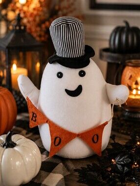 Halloween Boo Ghost Plush Decor with Top Hat Weighted Shelf Sitter 17"